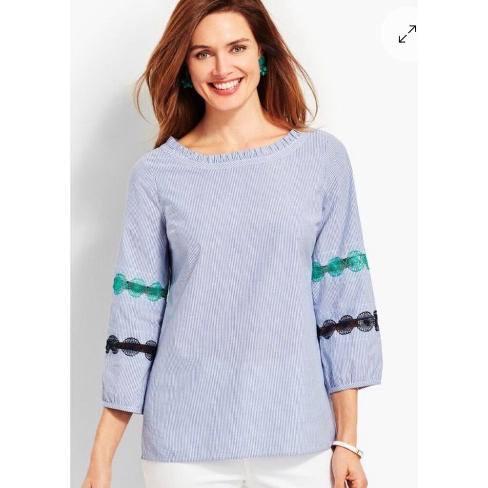 Talbots Small Blue/White Striped Embroidered Coastal Boho Bishop Cotton Top Work